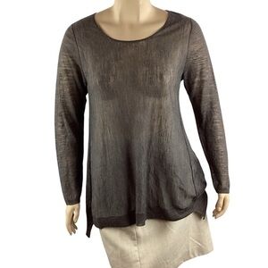 Eileen Fisher Gray Semi-Sheer Tencel Linen Scoop Neck Long Sleeve Top L